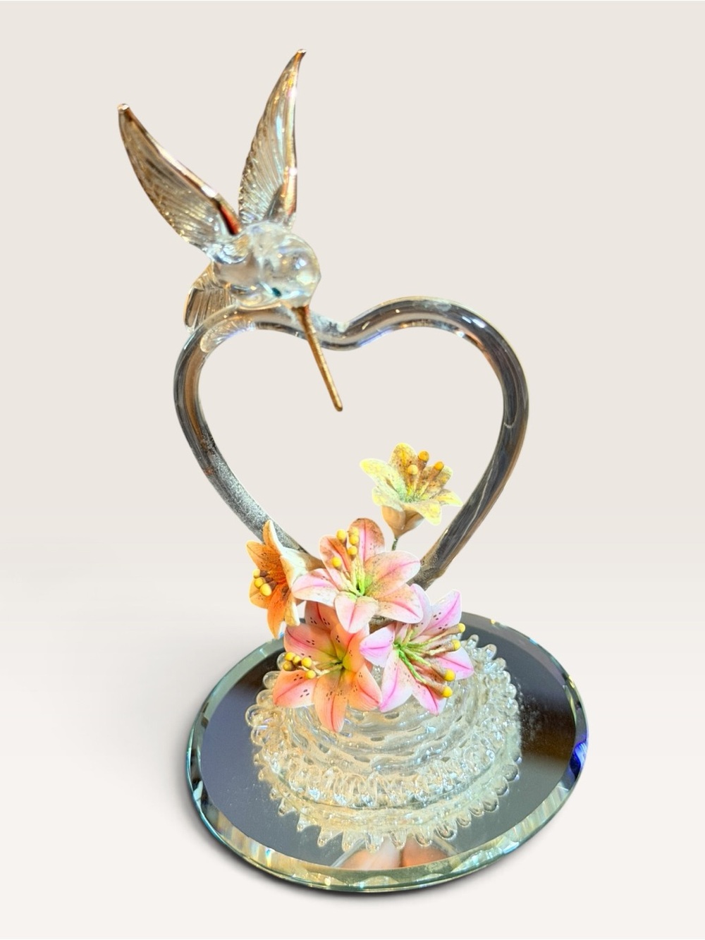 Vintage Glass Baron Hummingbird Heart Pink Lilies Mirrored Base Figurine